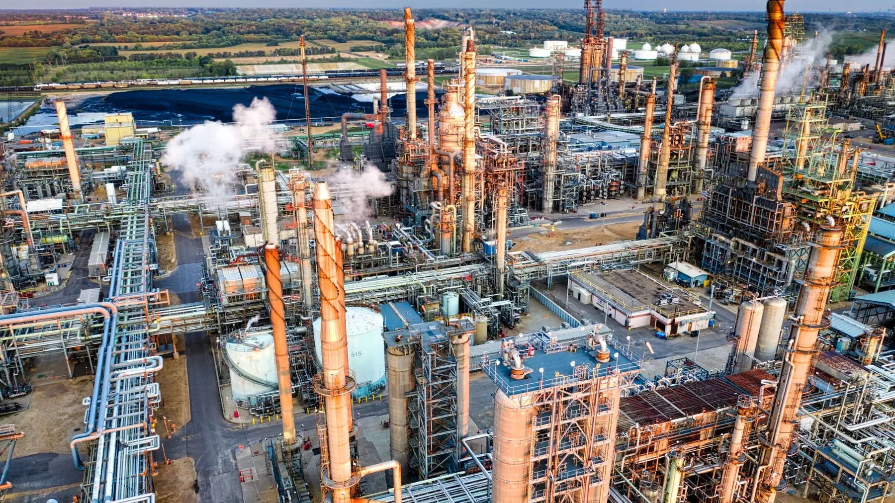 Large industrial facility with structures, vessels, piping and process equipment